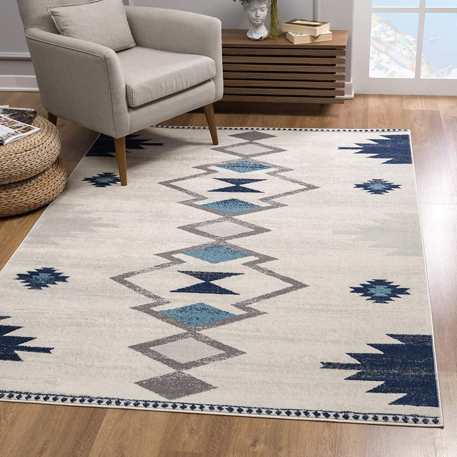 2' X 10' Navy And Ivory Tribal Pattern Runner Rug