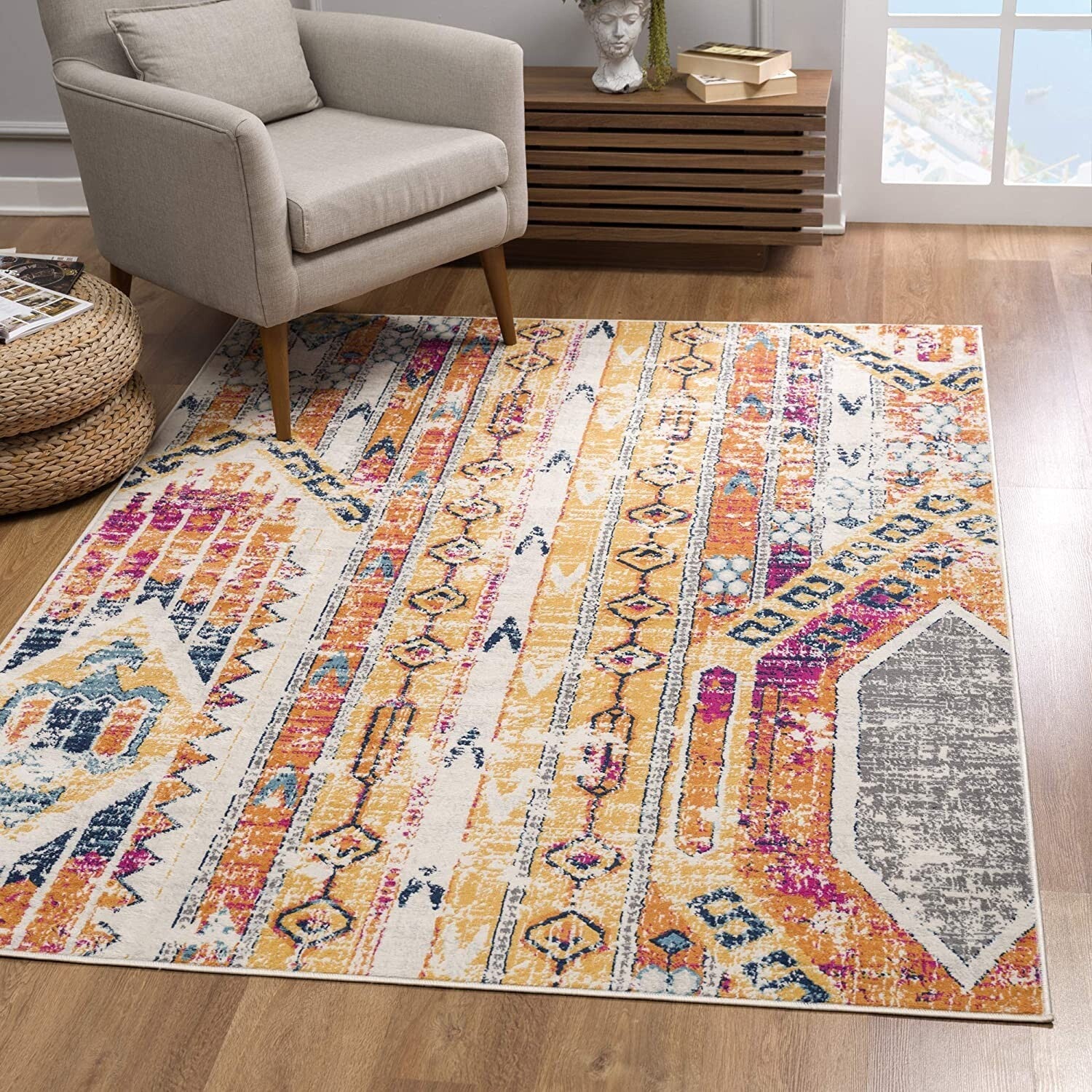4' X 6' Gold And Ivory Distressed Tribal Area Rug