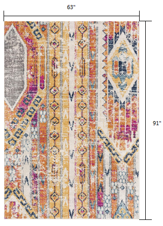 5' X 8' Gold And Ivory Distressed Tribal Area Rug