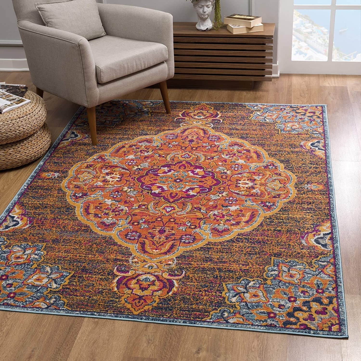 7' X 10' Rustic Orange Medallion Area Rug