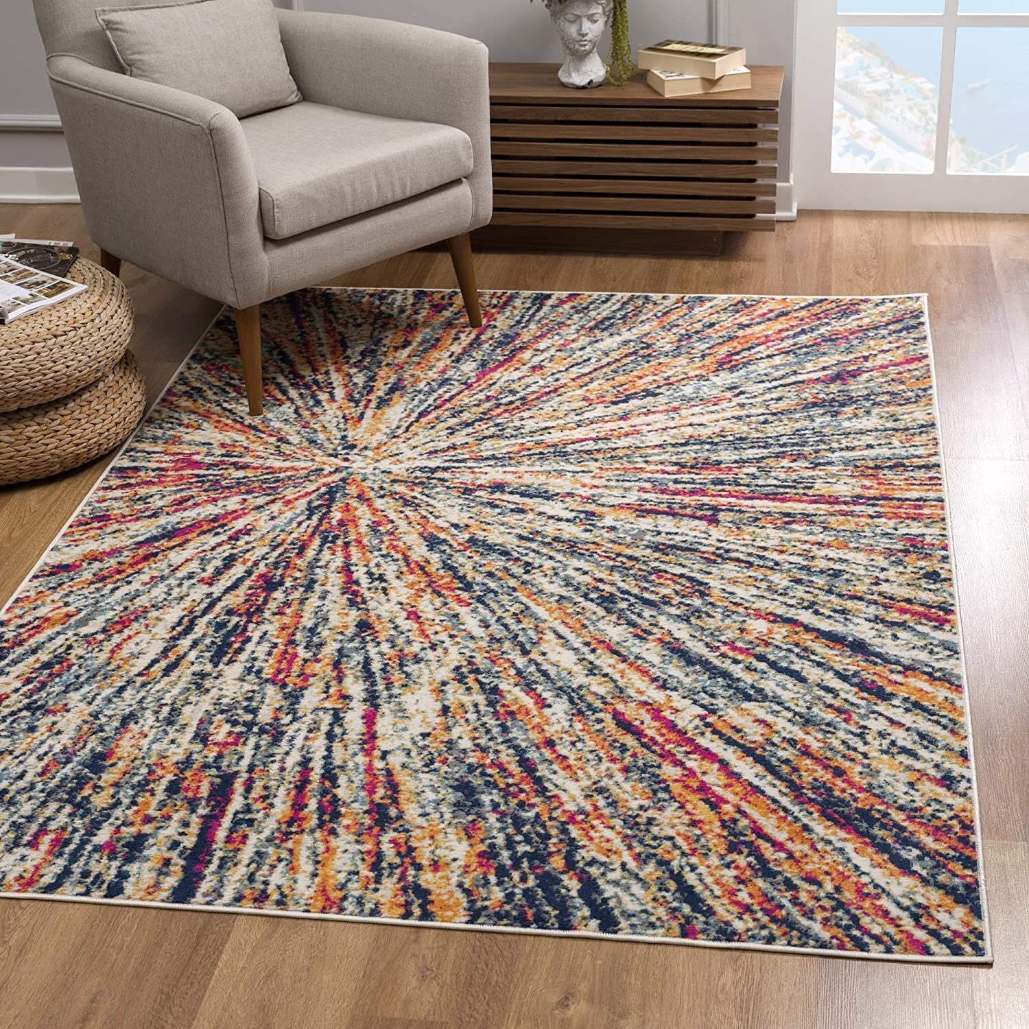 7' X 10' Cream Celestial Burst Abstract Area Rug