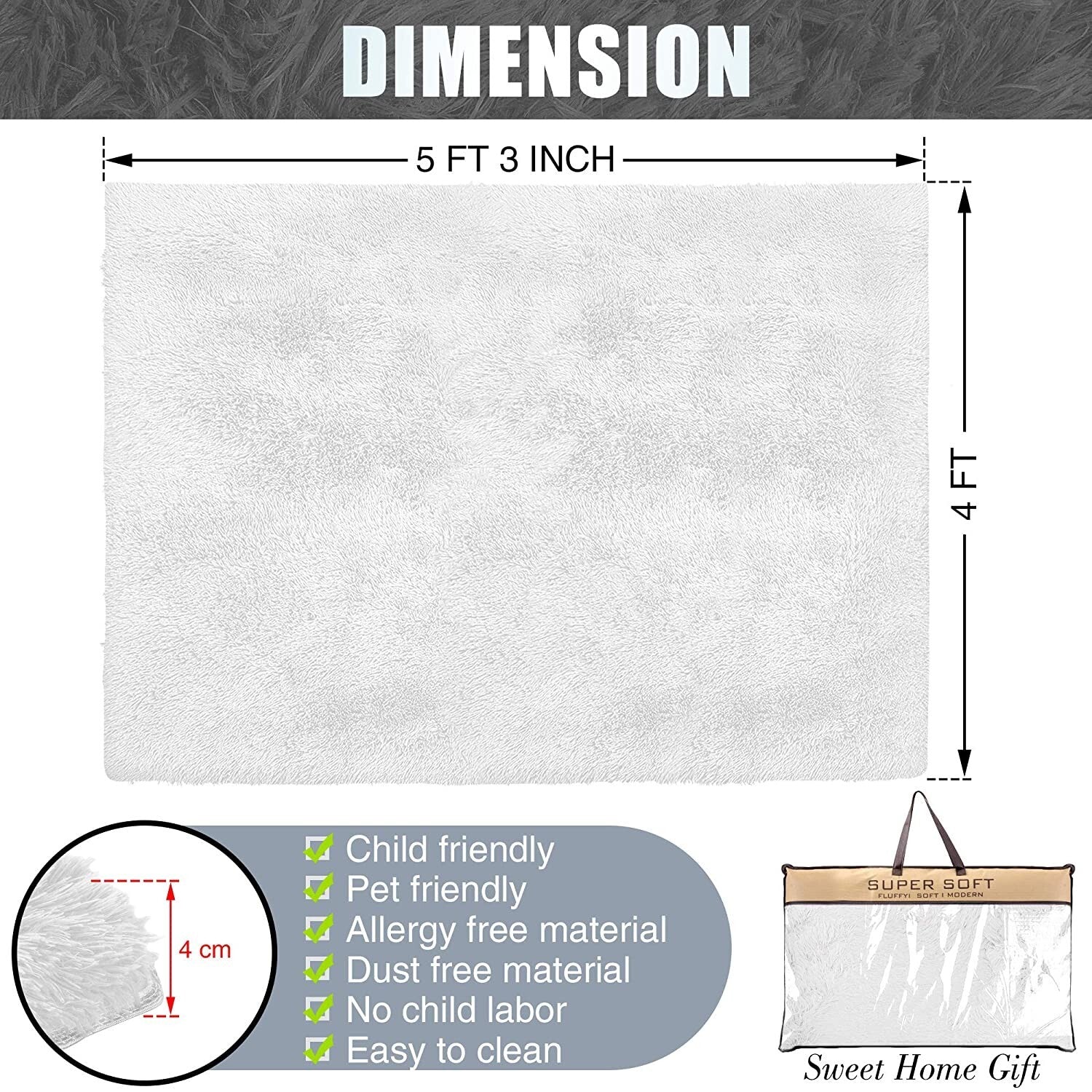 5' X 7' White Solid Modern Area Rug