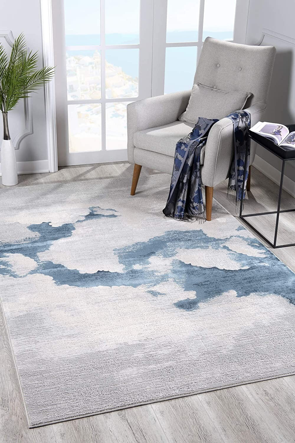 7' X 10' Gray And Blue Abstract Clouds Area Rug