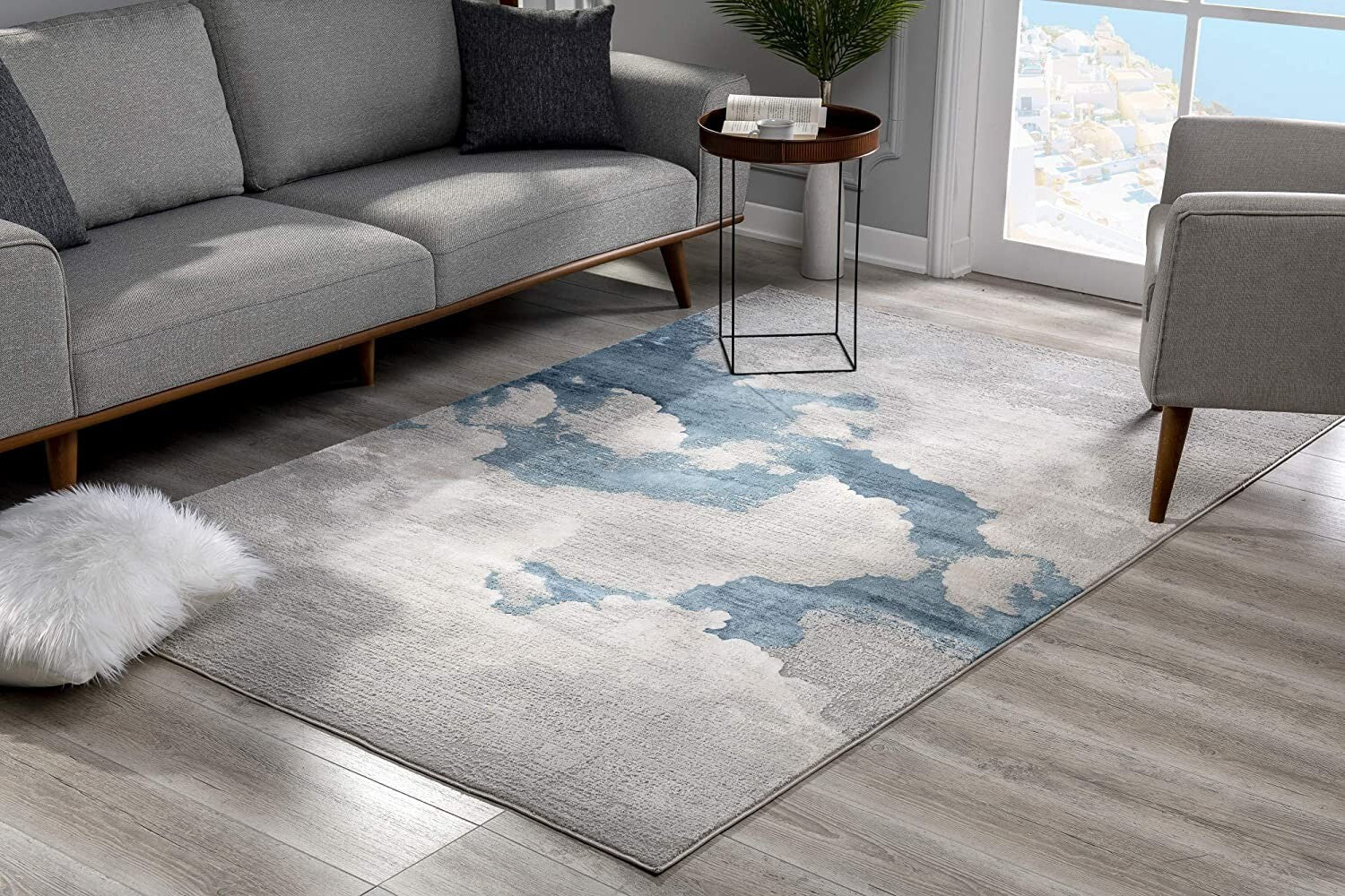 7' X 10' Gray And Blue Abstract Clouds Area Rug