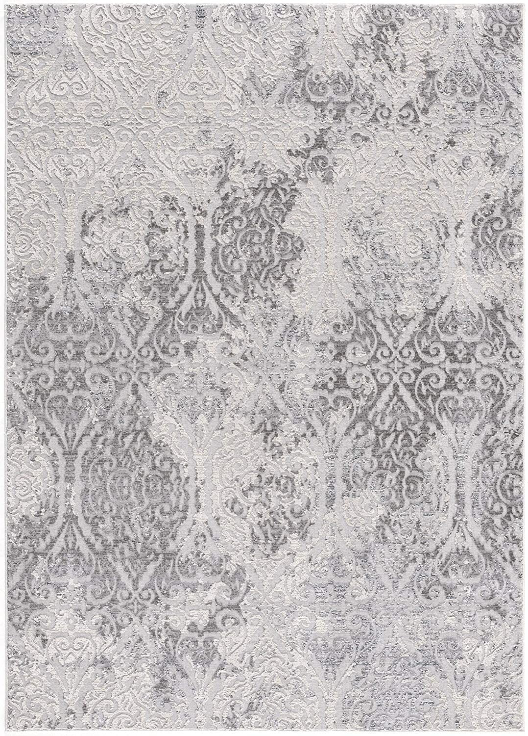 7' X 10' Cream And Gray Tinted Ogee Pattern Area Rug
