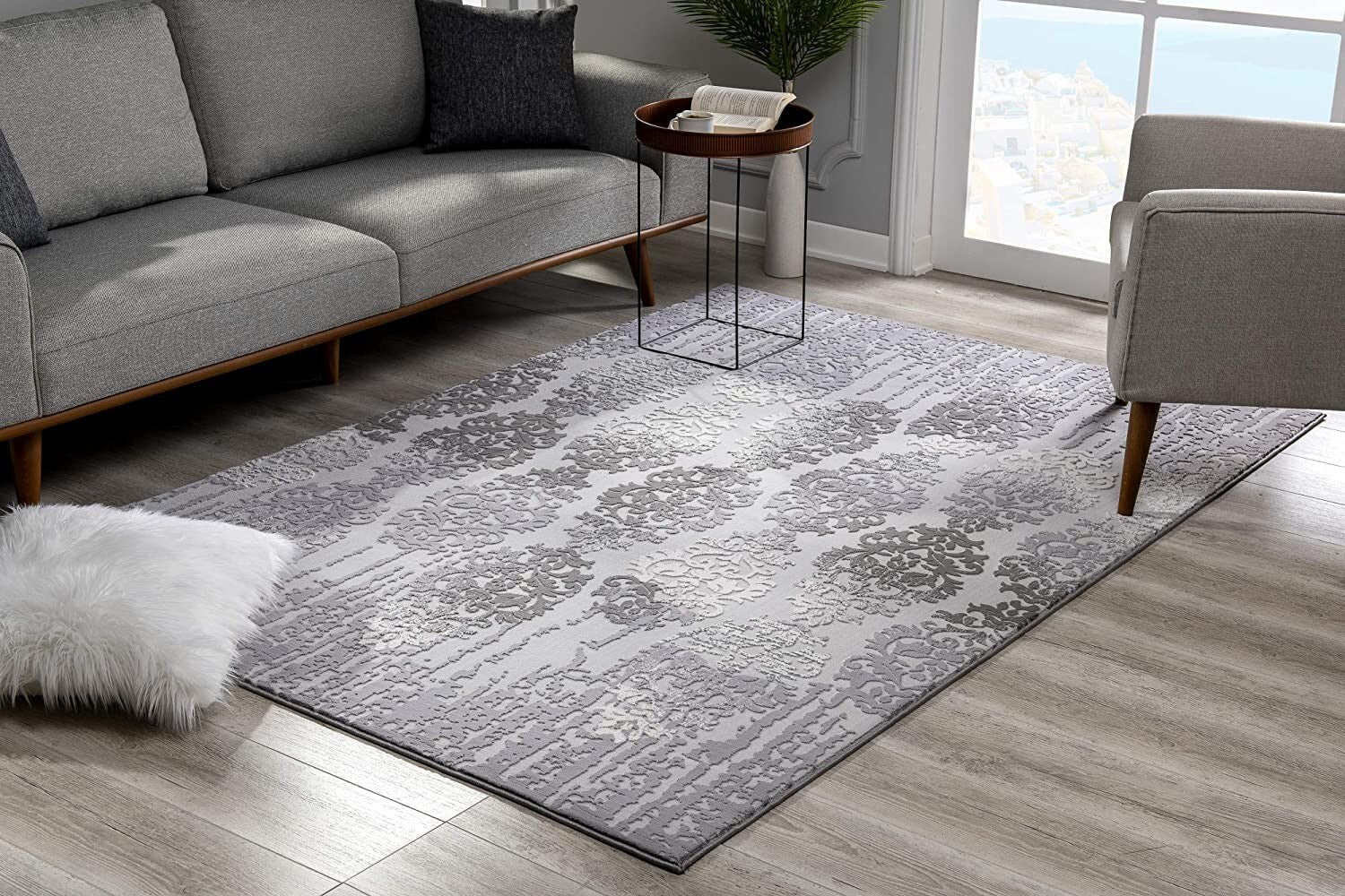 2' X 10' Gray Dripping Damask Runner Rug