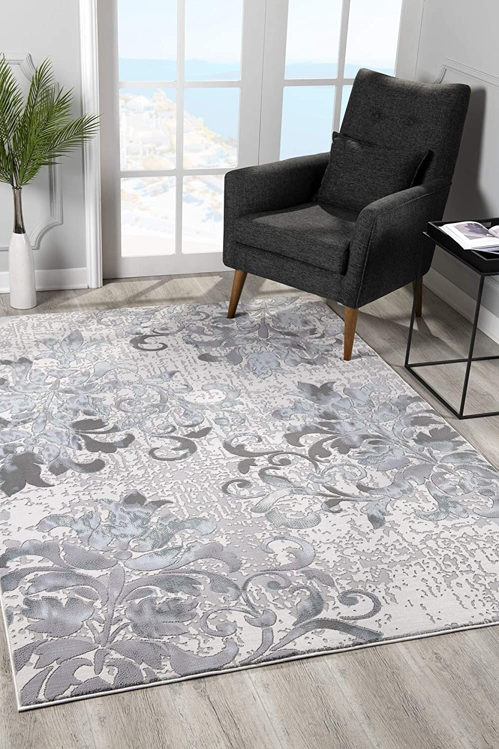 7' X 10' Blue And Gray Floral Filigree Area Rug