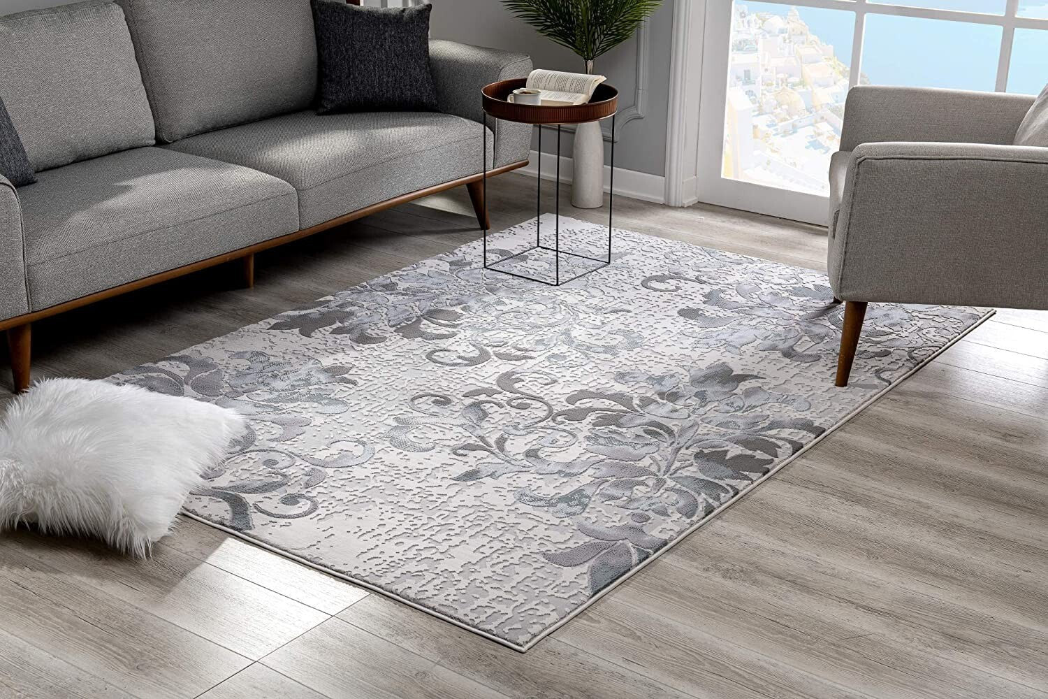 8' X 11' Blue And Gray Floral Filigree Area Rug