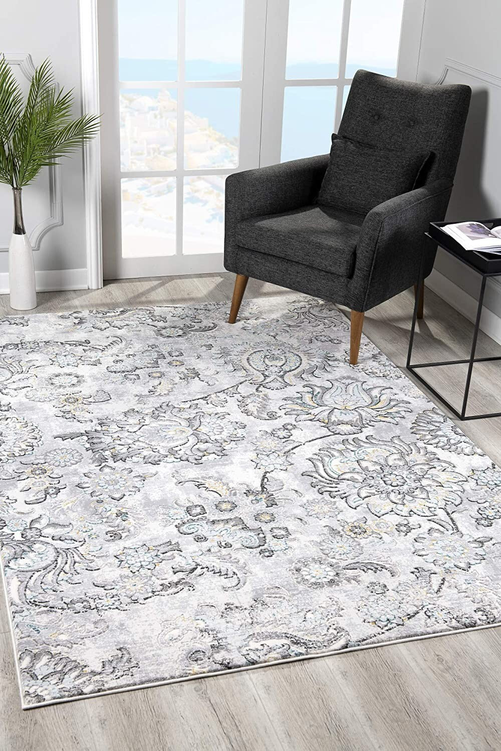 7' X 10' Gray Modern Jacobean Floral Area Rug