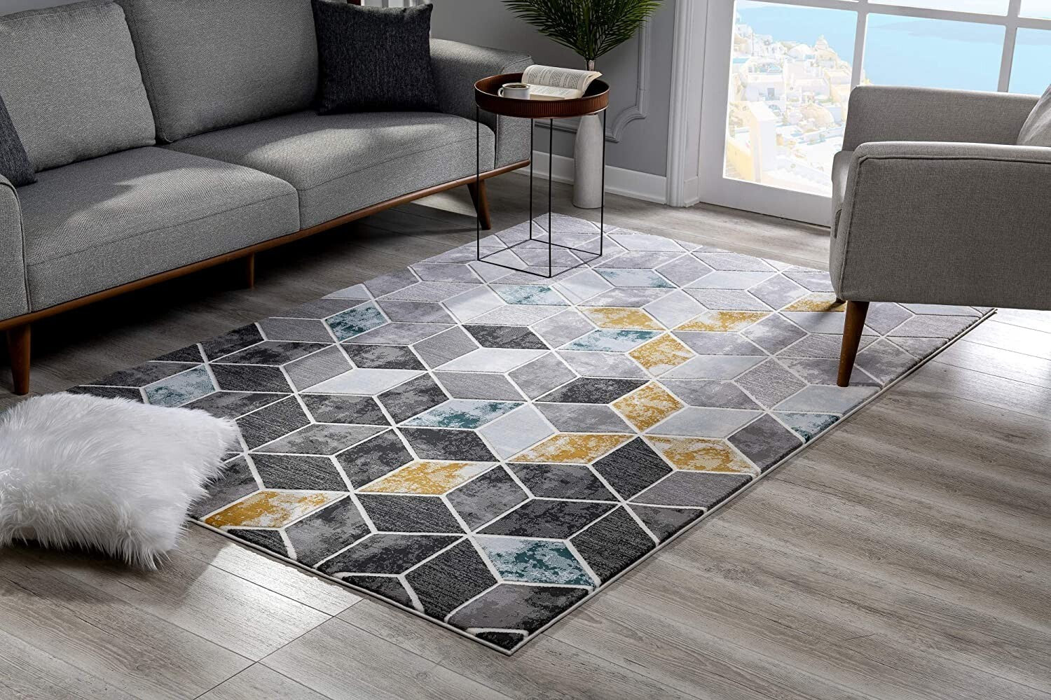 5' X 8' Gray And Gold Cubic Block Area Rug