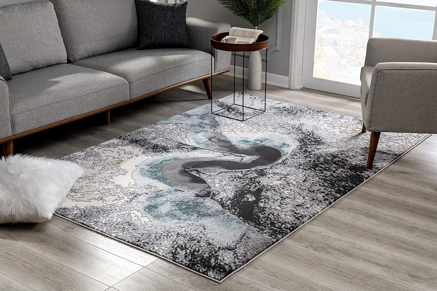 7' X 10' Black And Gray Abstract Whirlpool Area Rug
