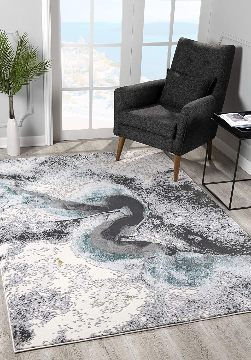 7' X 10' Black And Gray Abstract Whirlpool Area Rug