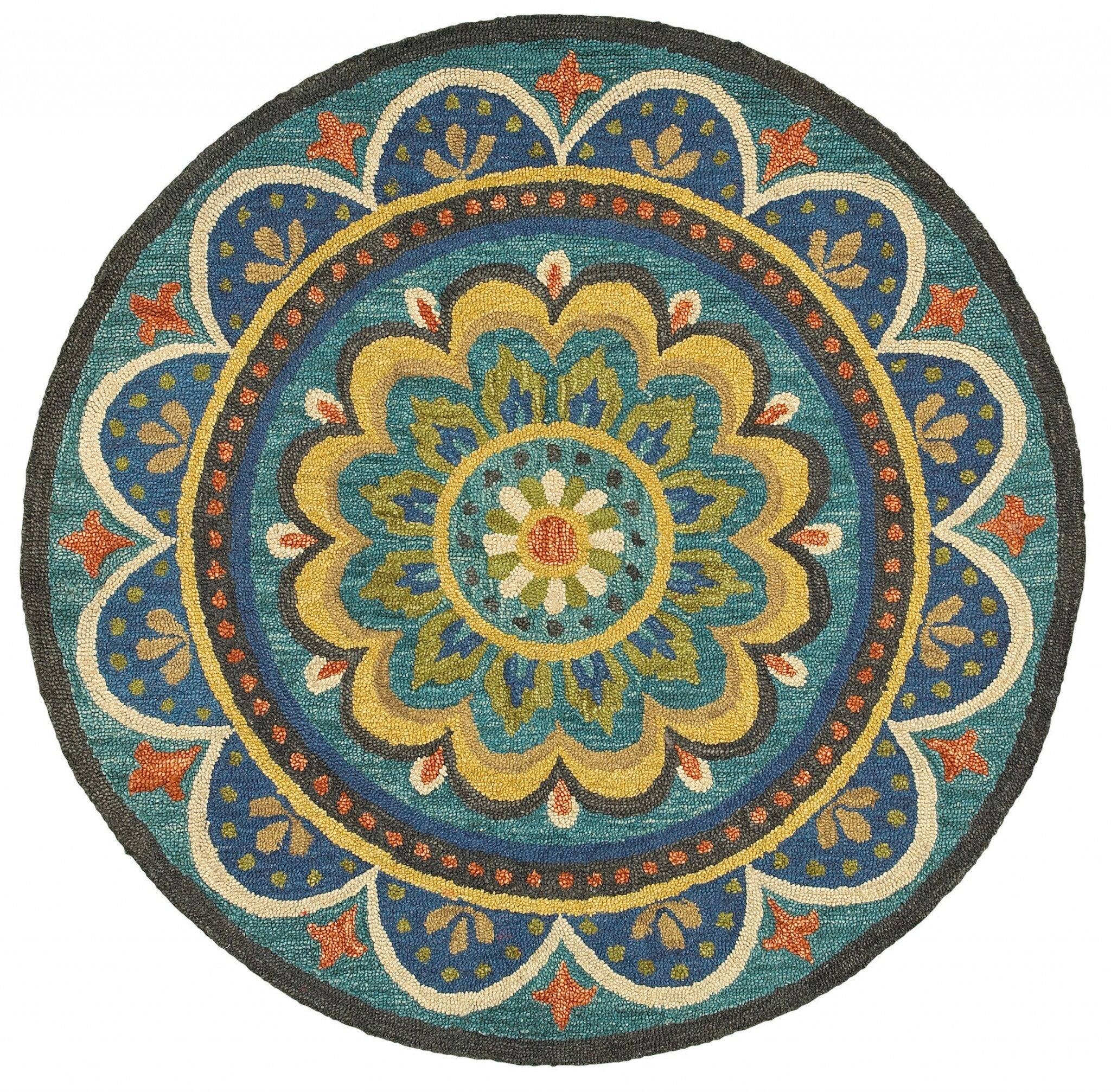 4' Round Blue Floral Mandala Area Rug