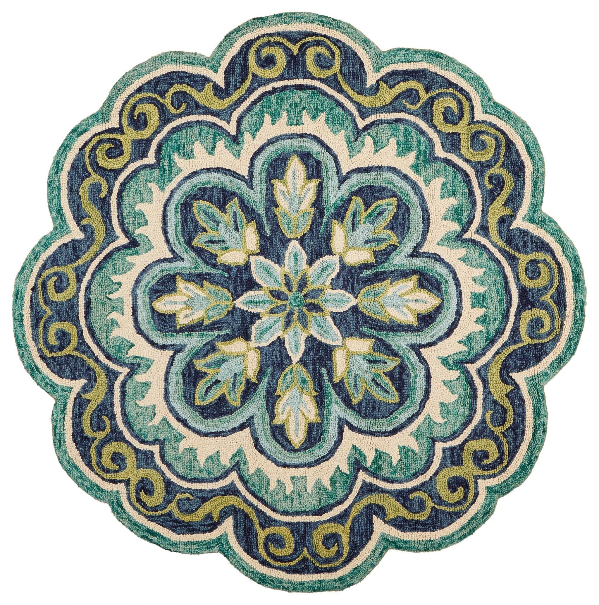6' Round Green Floral Artwork Area Rug