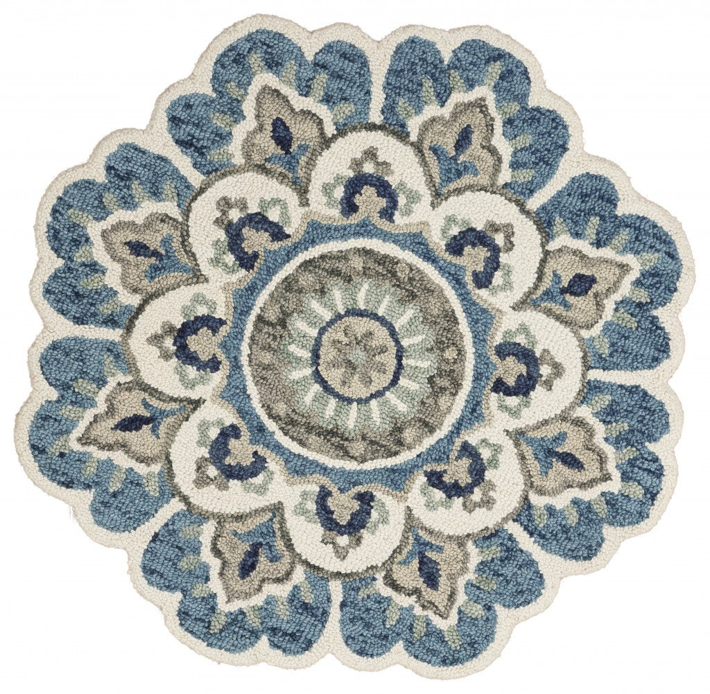 4' Round Blue Modern Floral Area Rug