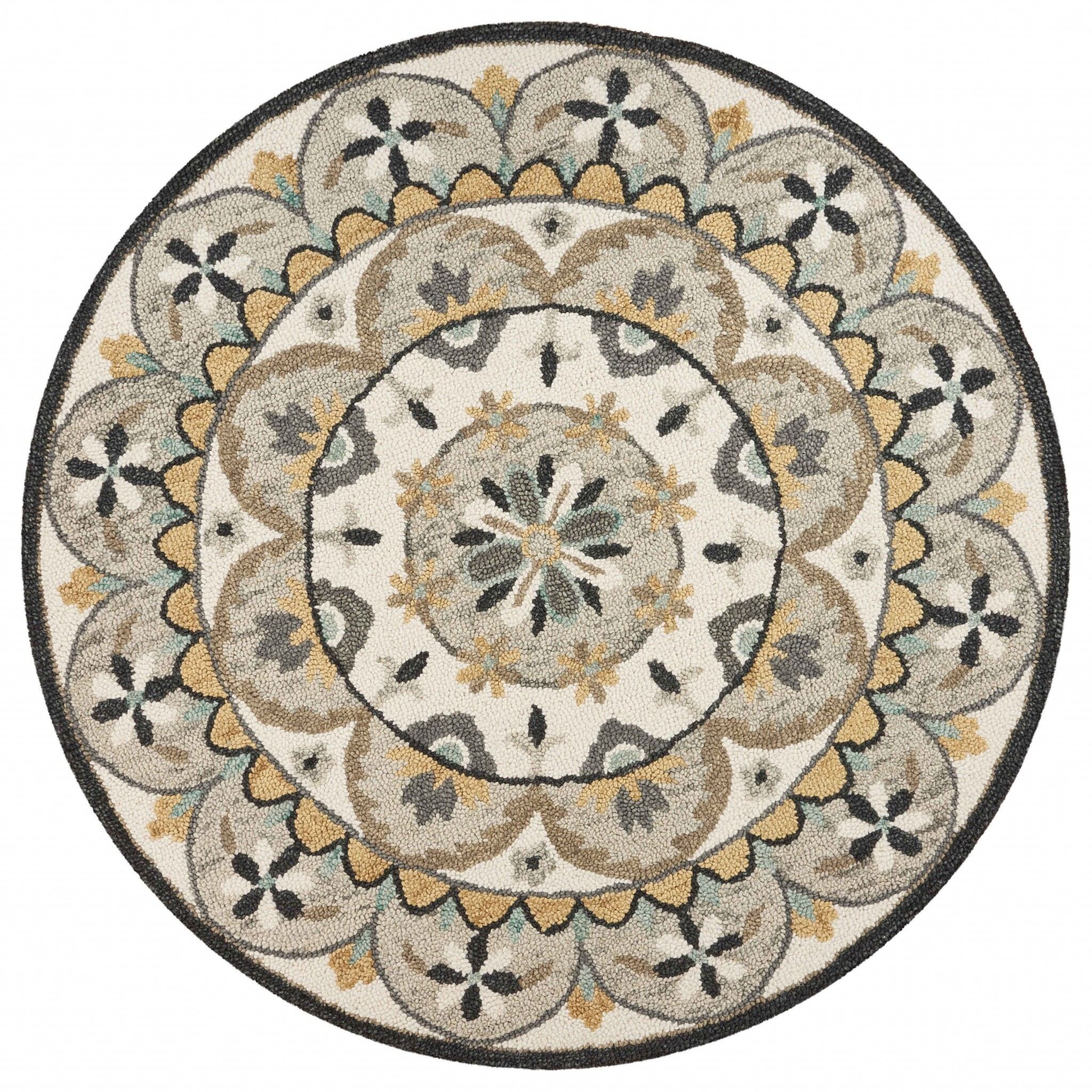 6' Round Gray And Ivory Floral Bloom Area Rug