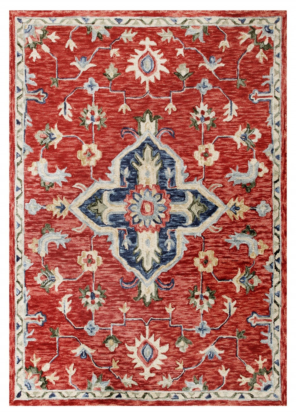 5' X 7' Red And Blue Floral Medallion Area Rug