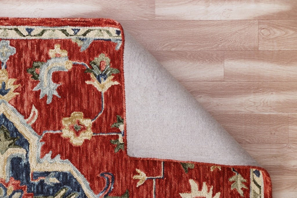 5' X 7' Red And Blue Floral Medallion Area Rug