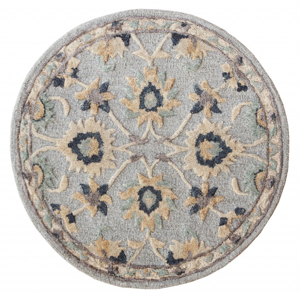 3' Round Blue And Beige Floral Area Rug