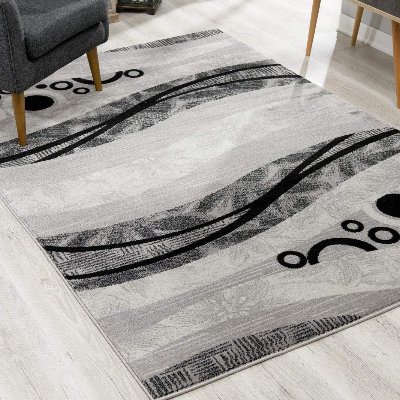 5' X 8' Gray And Black Abstract Waves Area Rug