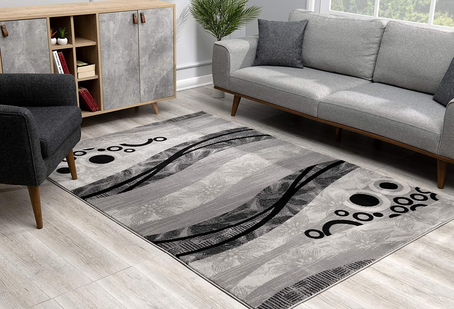 5' X 8' Gray And Black Abstract Waves Area Rug