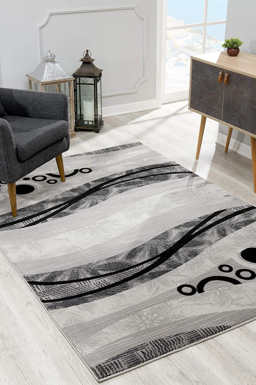 5' X 8' Gray And Black Abstract Waves Area Rug