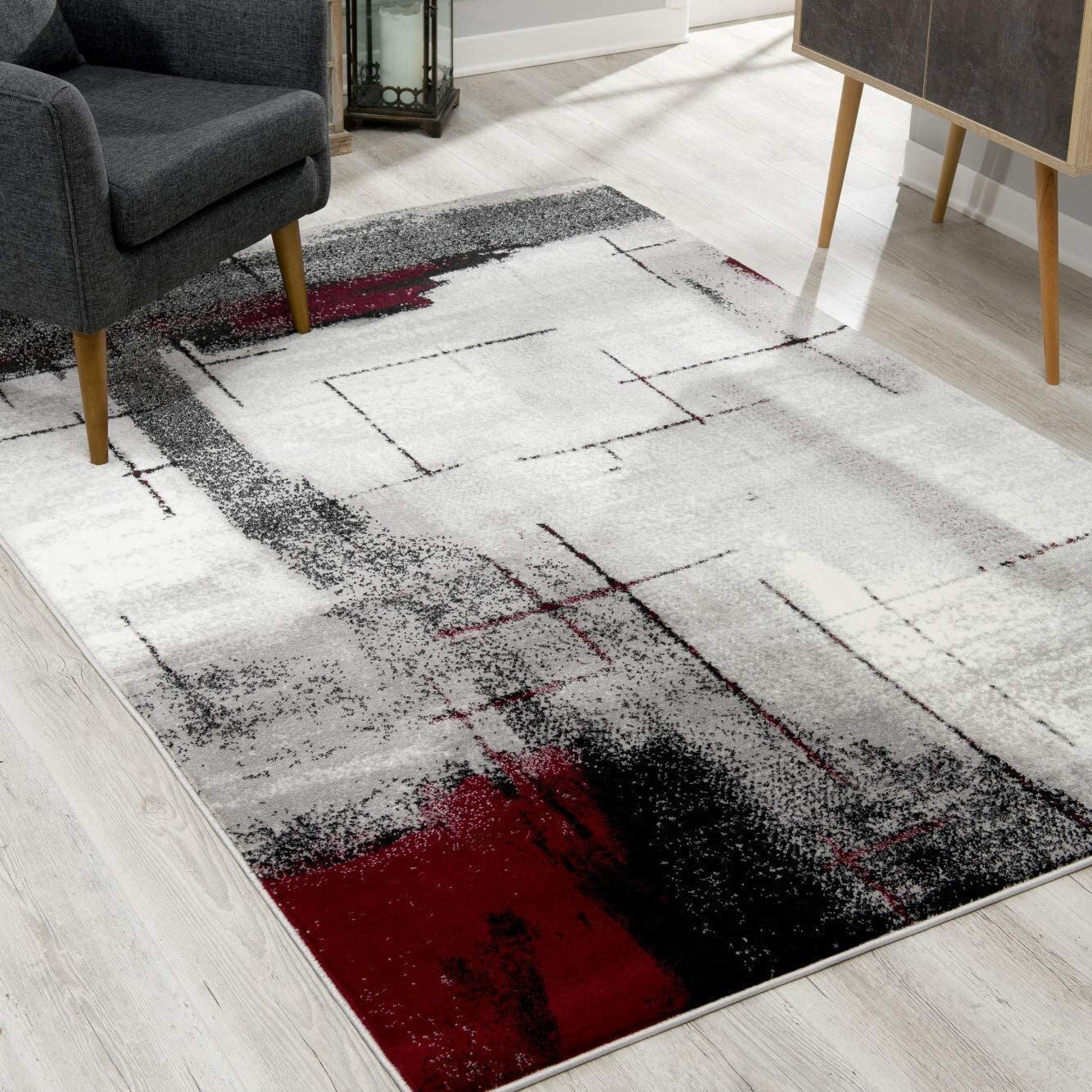 2' X 10' Gray And Burgundy Abstract Runner Rug