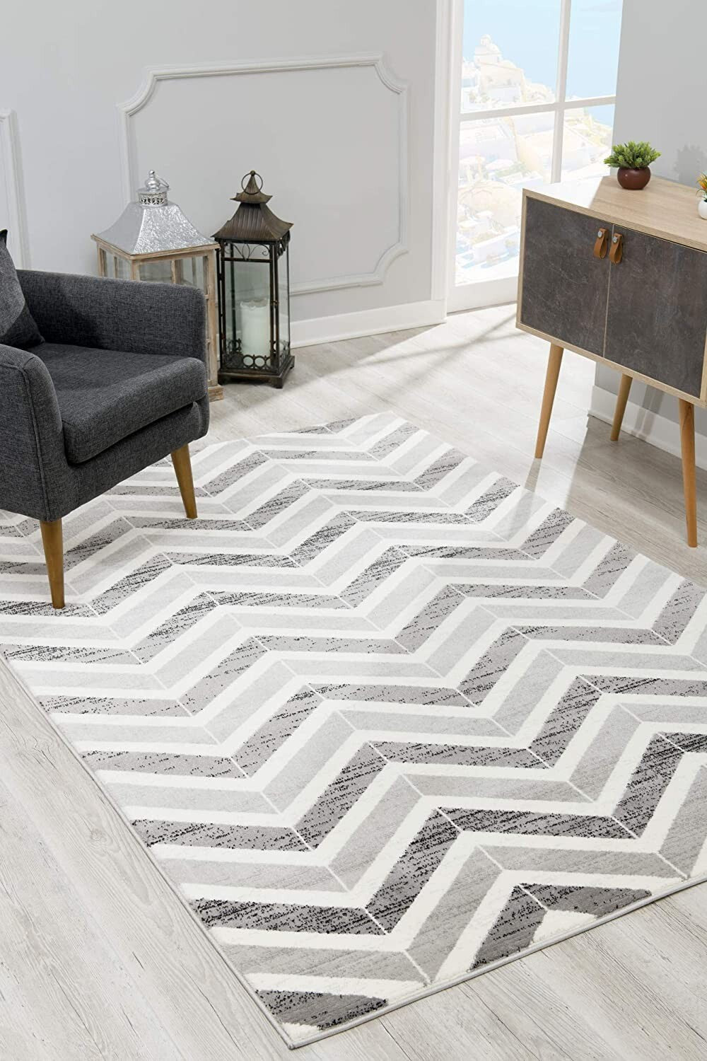 3' X 13' Gray Distressed Chevron Runner Rug