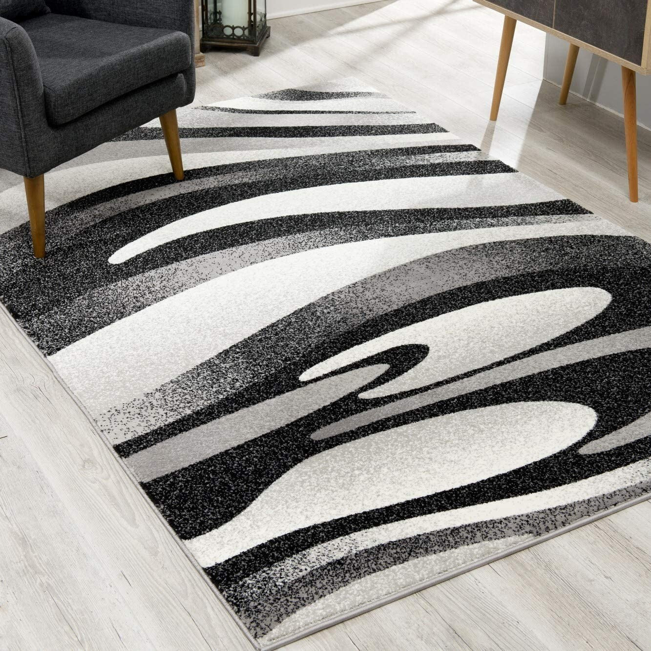 2' X 13' Black And Gray Abstract Marble Runner Rug