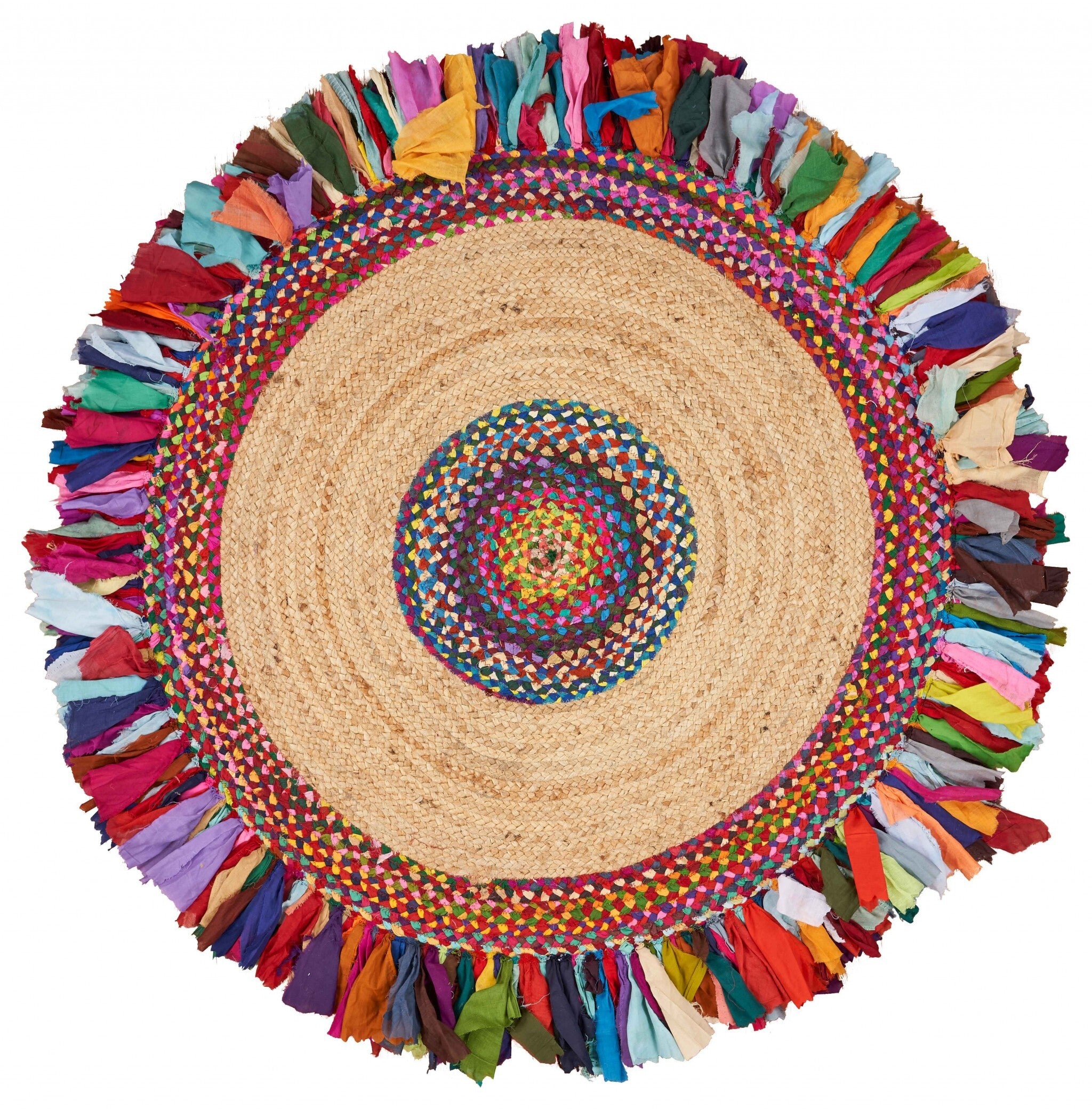Natural Jute Multicolored Medallion Area Rug?With Fringe