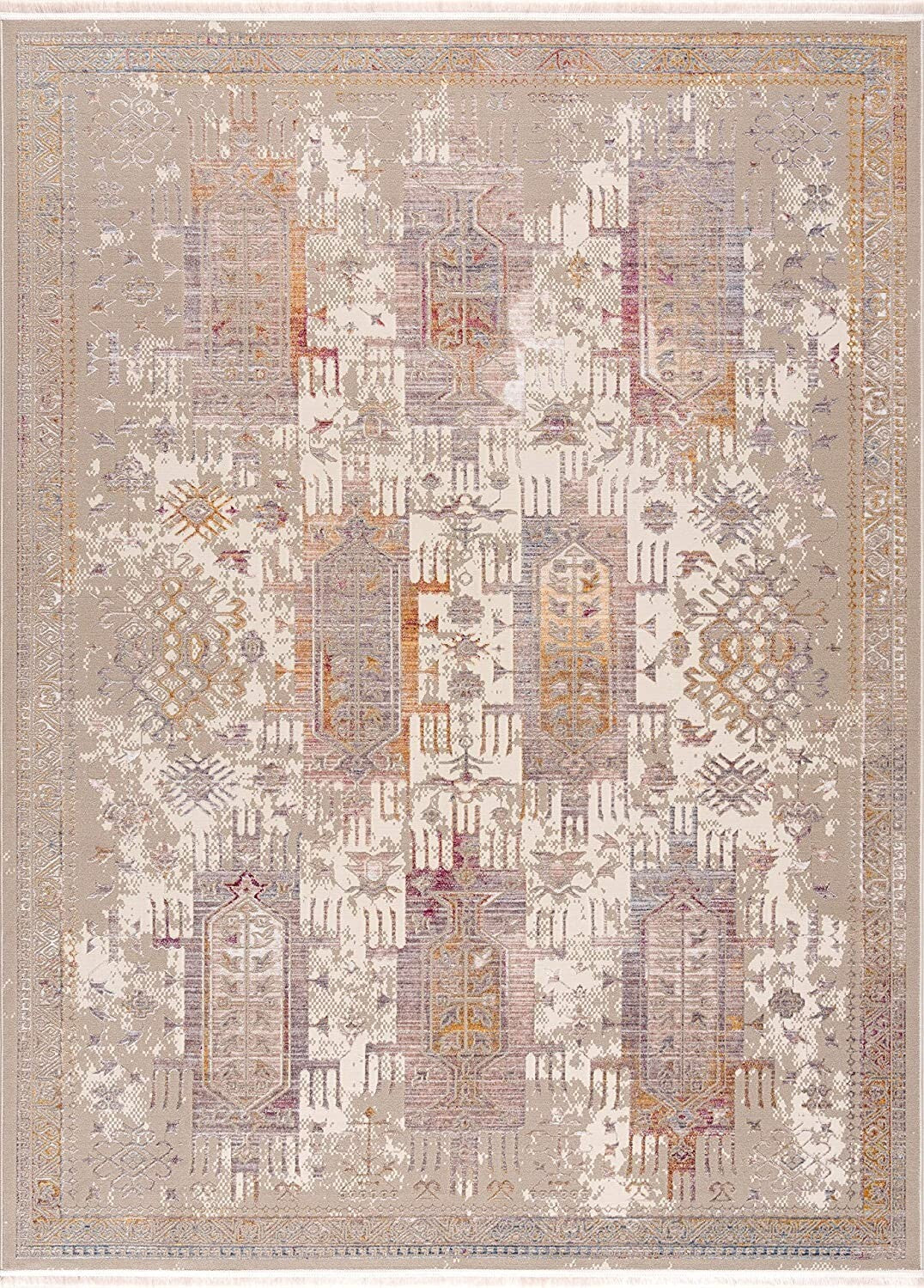 5' x 8' Beige Faded Tribal Motifs Area Rug