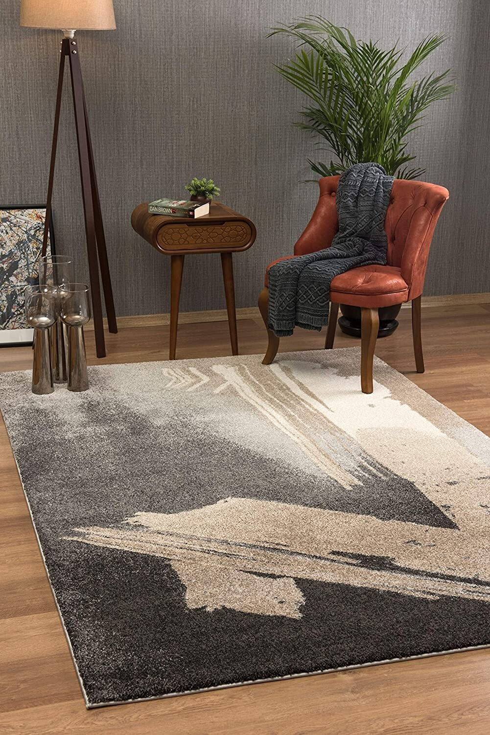 4' x 6' Gray and Tan Abstract Stroke Area Rug