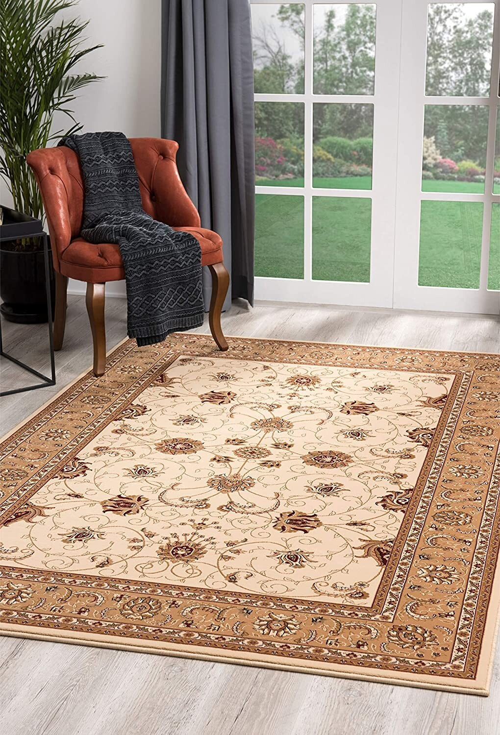 2' x 13' Cream and Tan Ornate Border Runner Rug