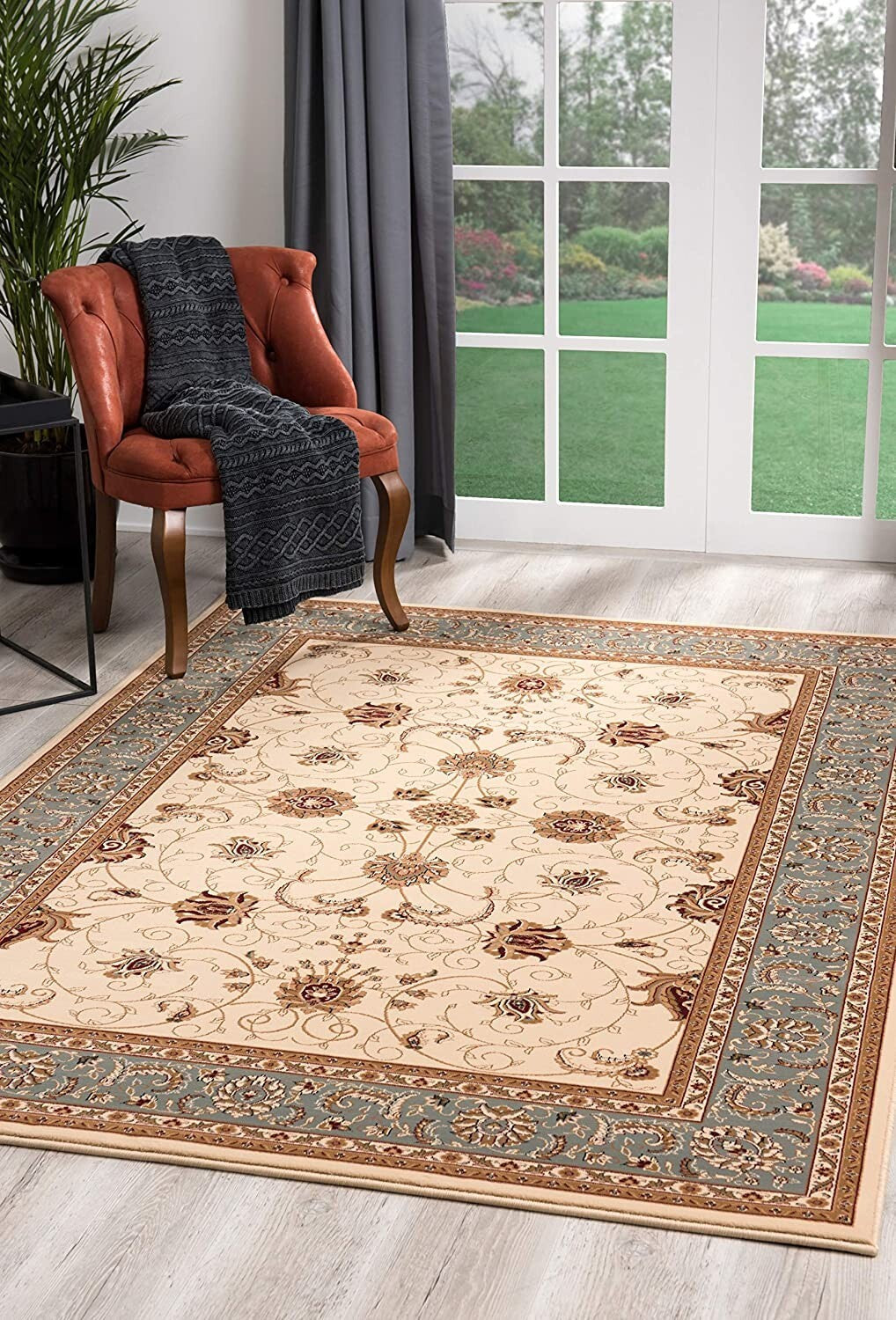 2' x 13' Cream and Blue Traditional Runner Rug