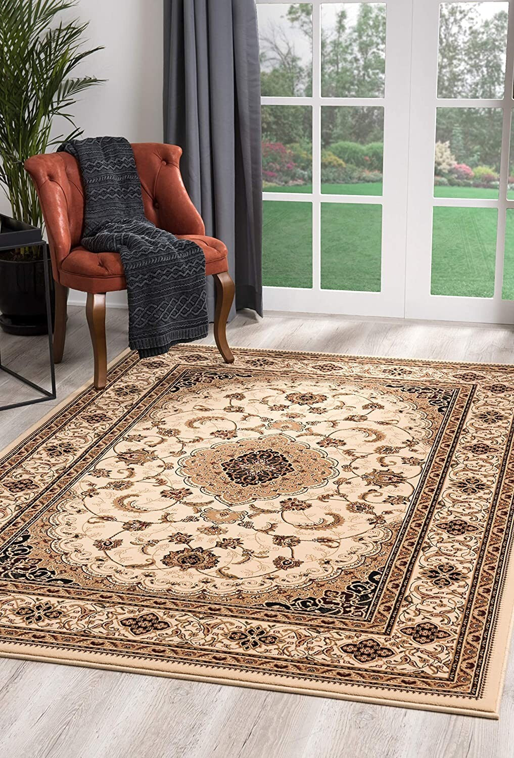 5' Round Cream Floral Medallion Area Rug