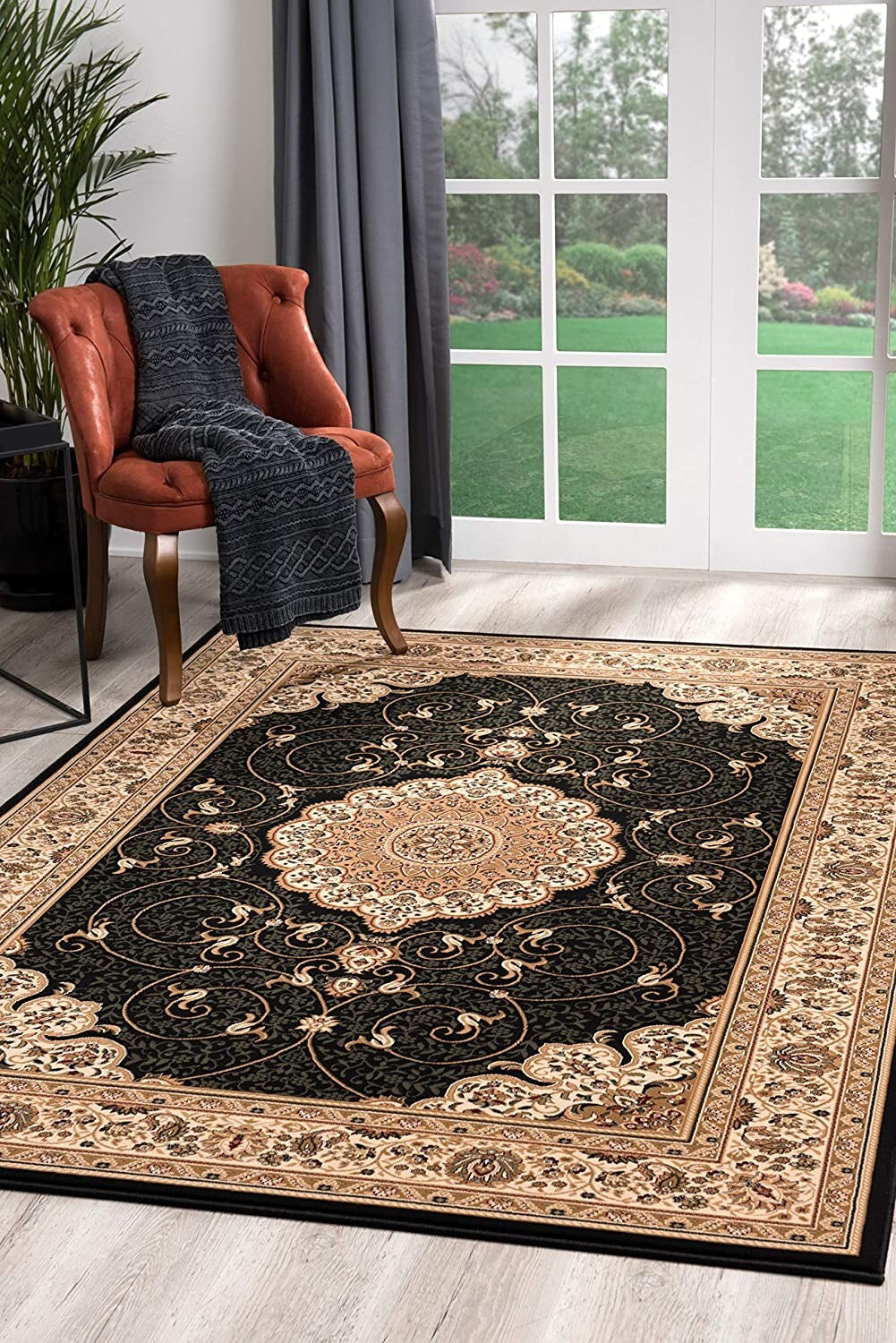 5' x 8' Black and Beige Embellished Area Rug