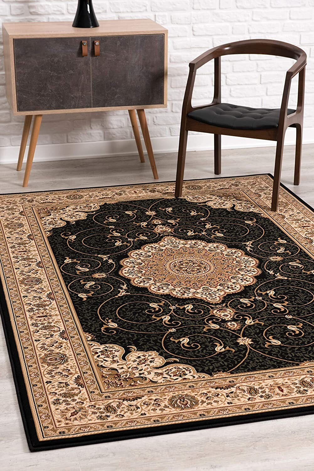 5' x 8' Black and Beige Embellished Area Rug