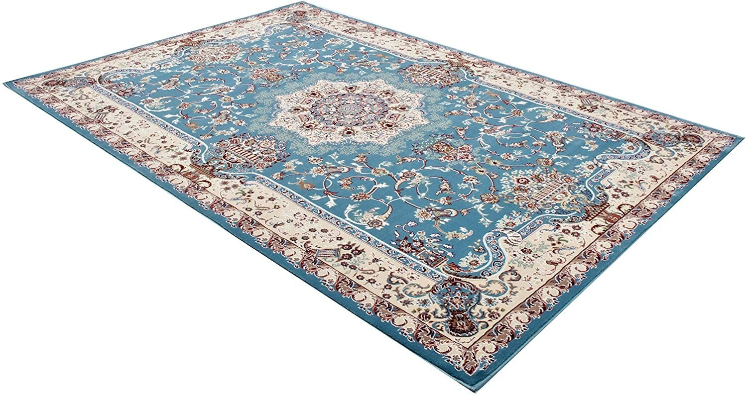 4' x 6' Blue and Cream Embellished Area Rug