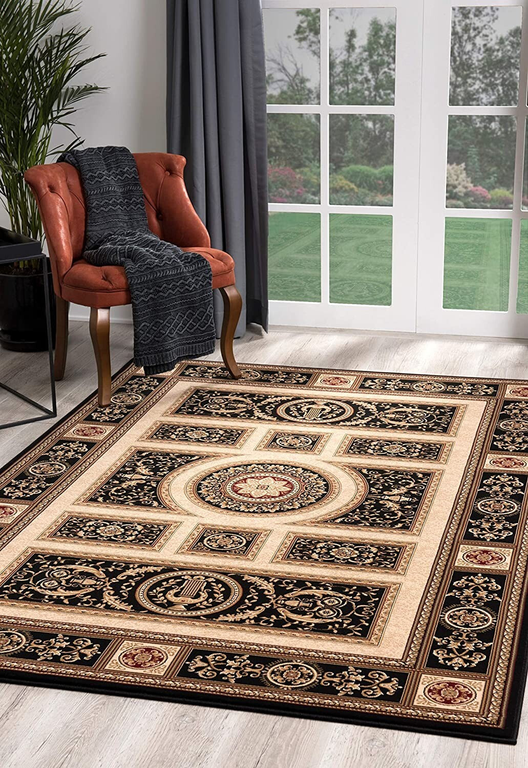 5' x 8' Black and Beige Traditional Geometric Area Rug