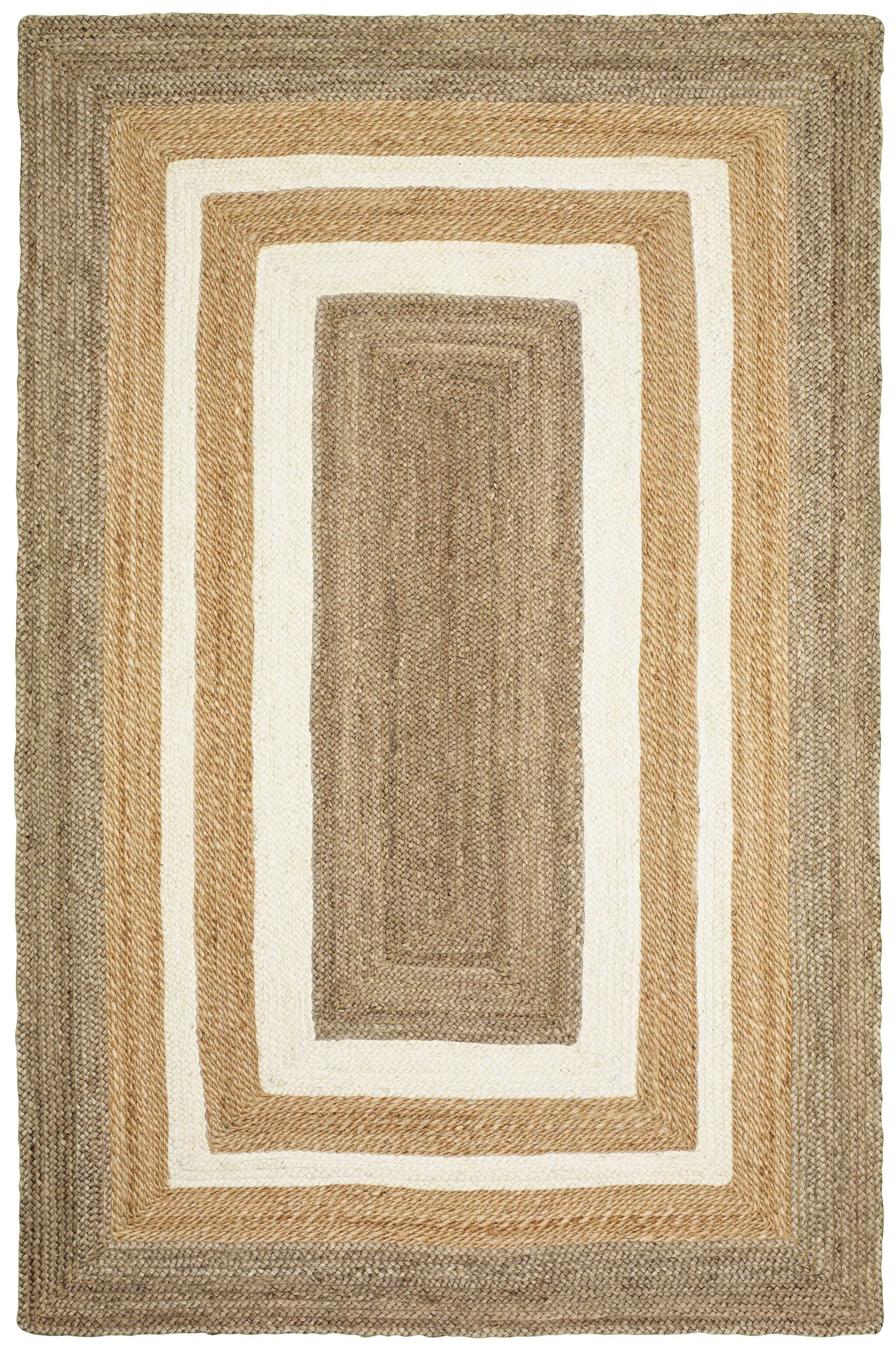 5' x 8' Tan and White Multiple Bordered Area Rug