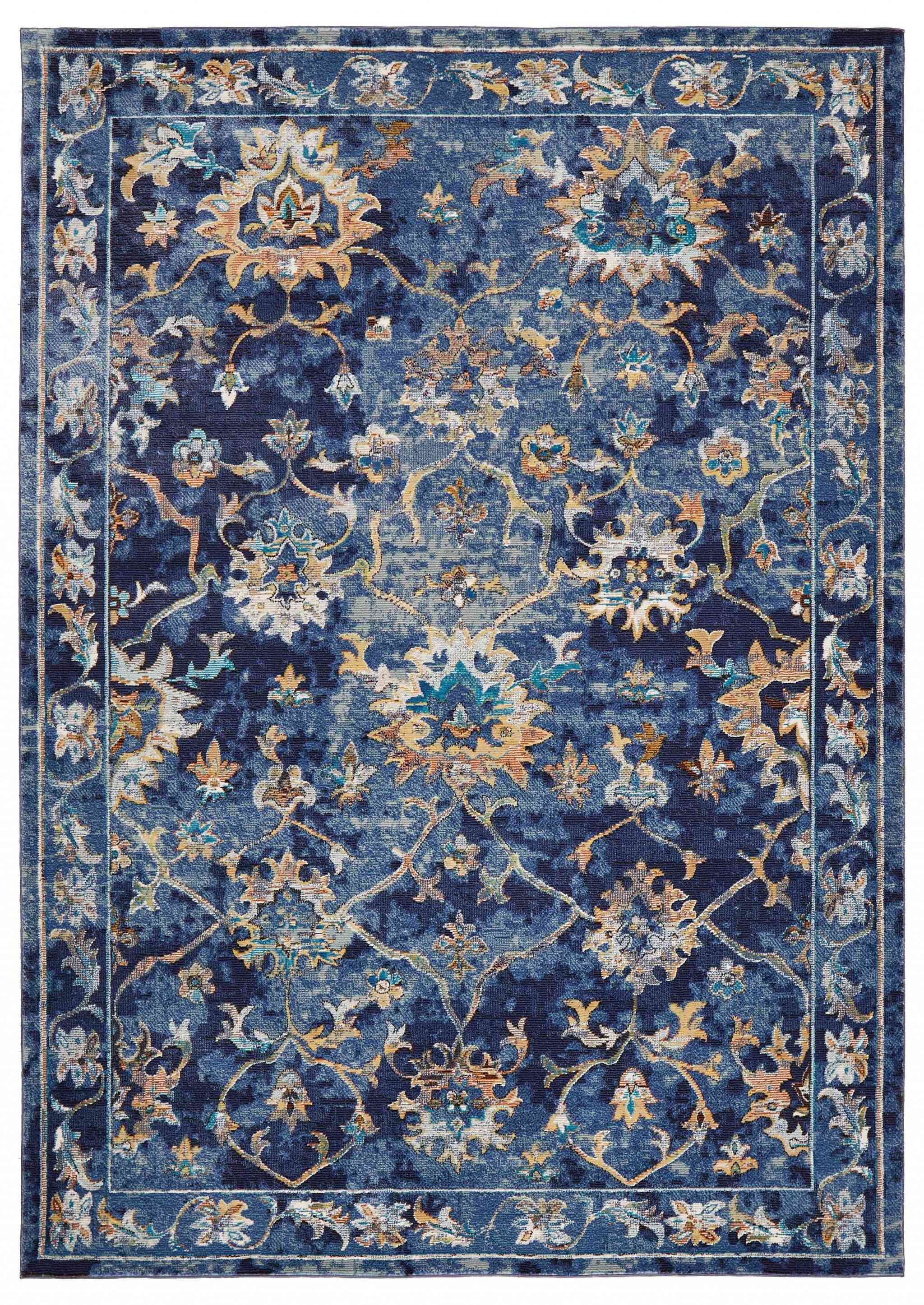5' x 8' Blue and Gold Jacobean Area Rug