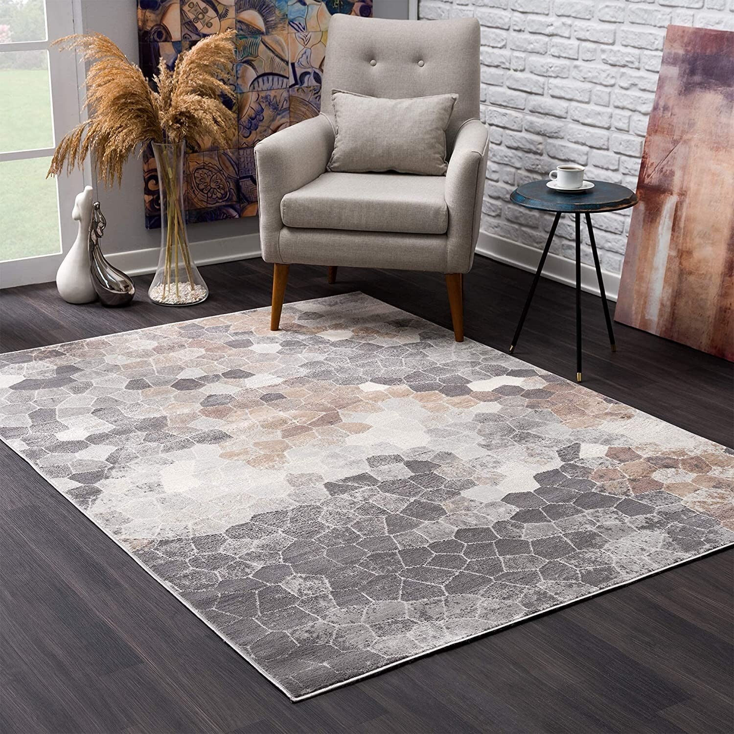 7' x 10' Beige Cobblestone Pattern Area Rug