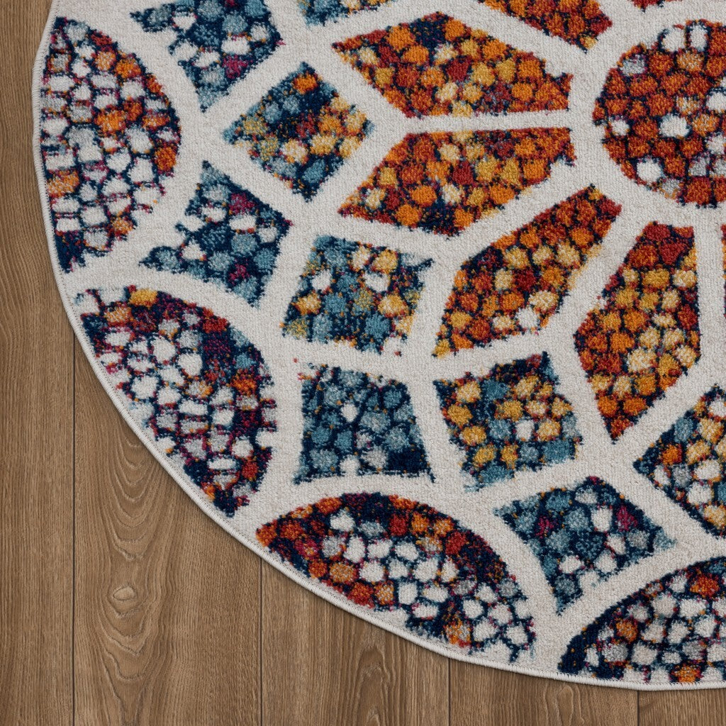 7' Round Multicolored Floral Mosaic Area Rug