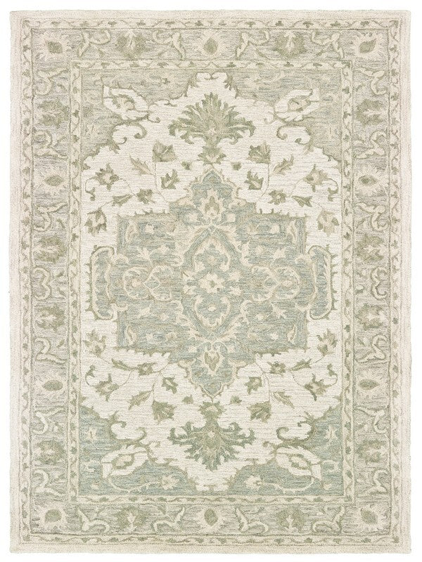5' x 8' Green and Cream Medallion Area Rug