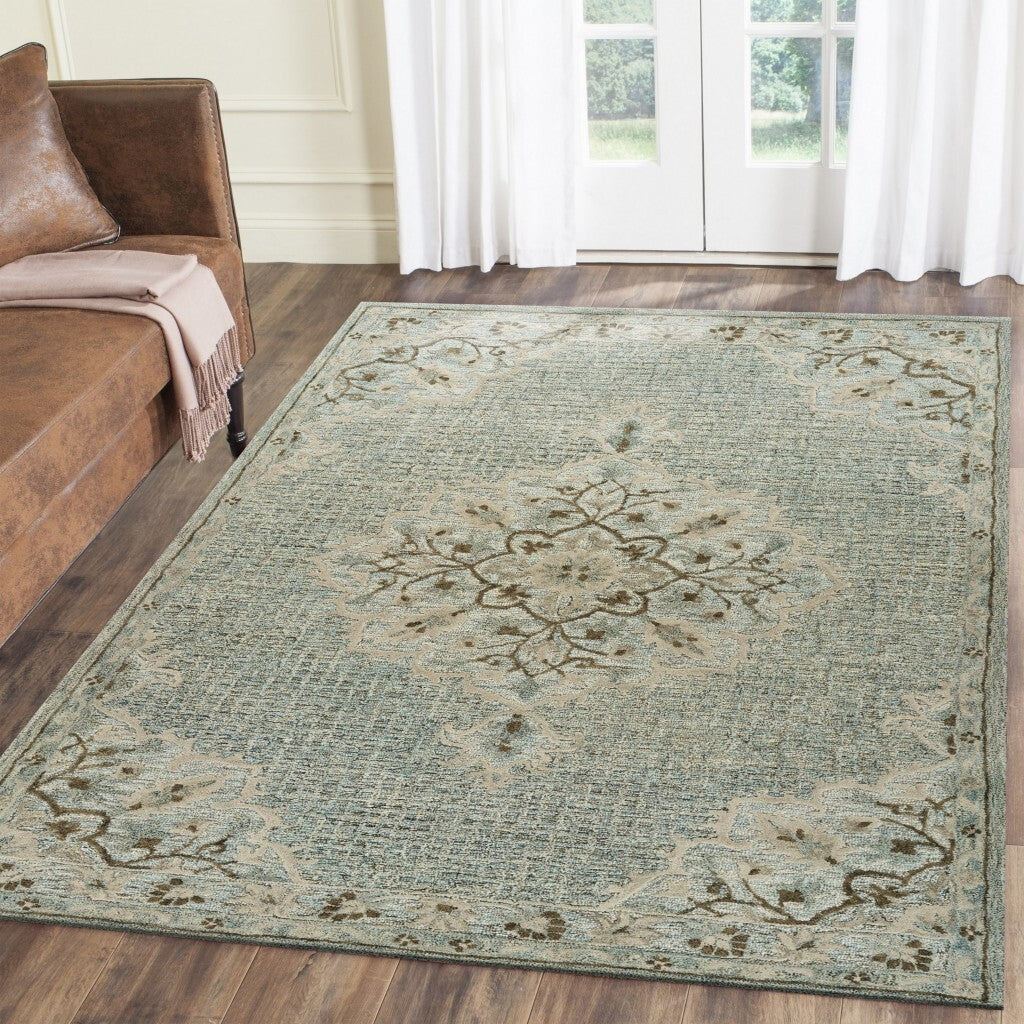 8' x 10' Blue and Beige Flor Medallion Area Rug