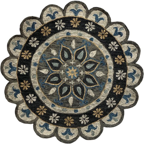 7' Round Gray Border Floral Medallion Area Rug