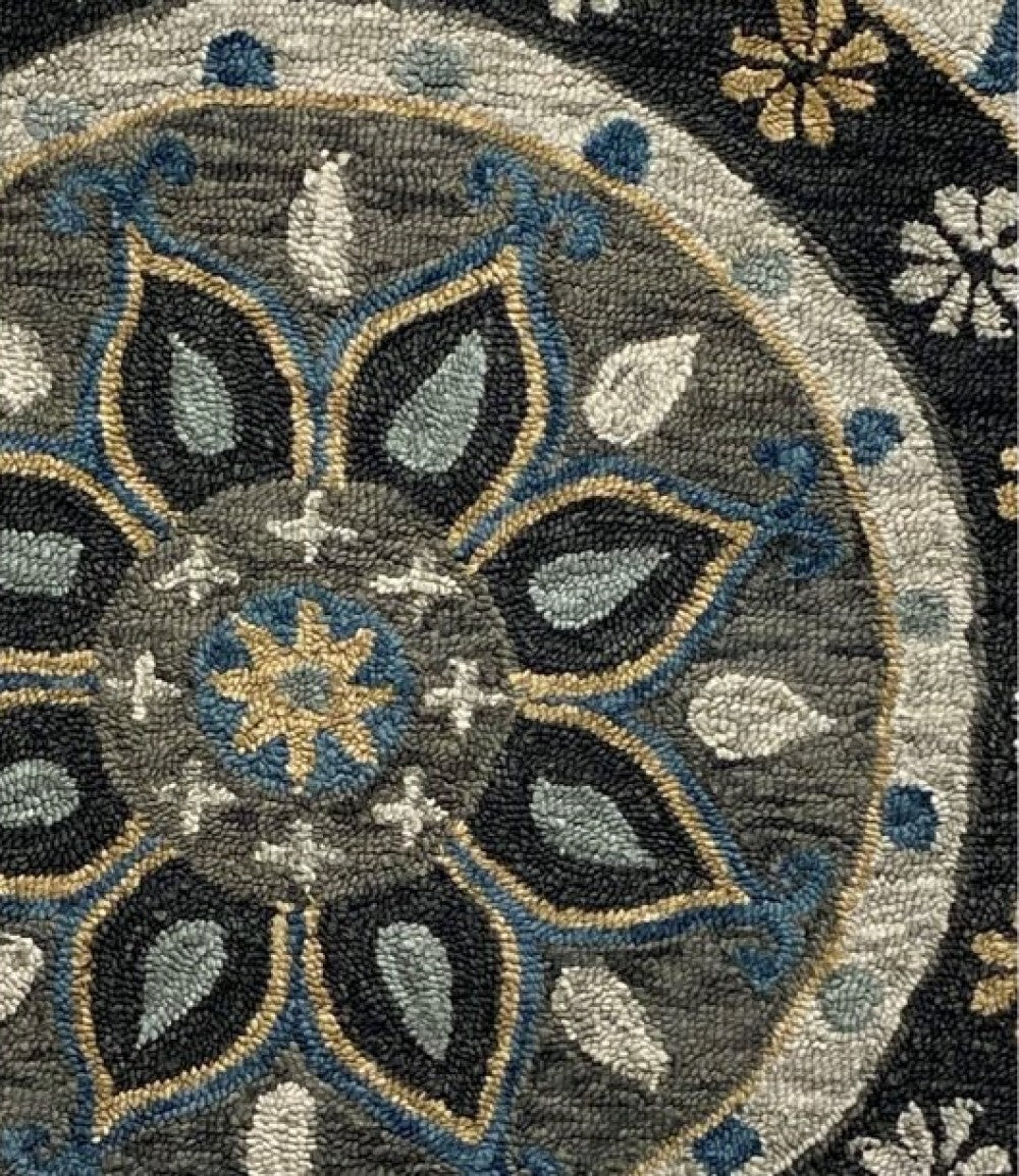 7' Round Gray Border Floral Medallion Area Rug