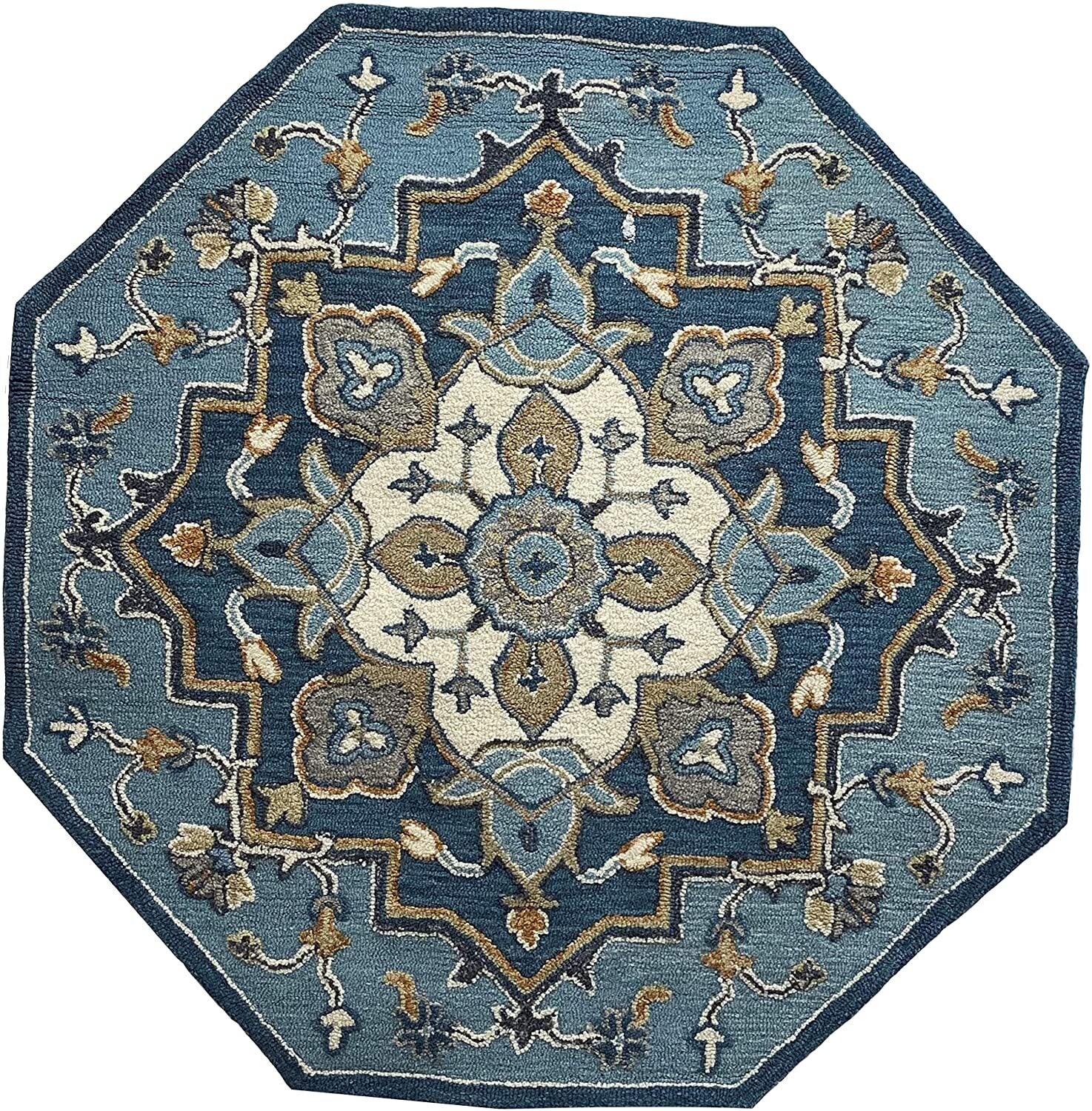 7' Blue And Cream Octagon Wool Handmade Area Rug