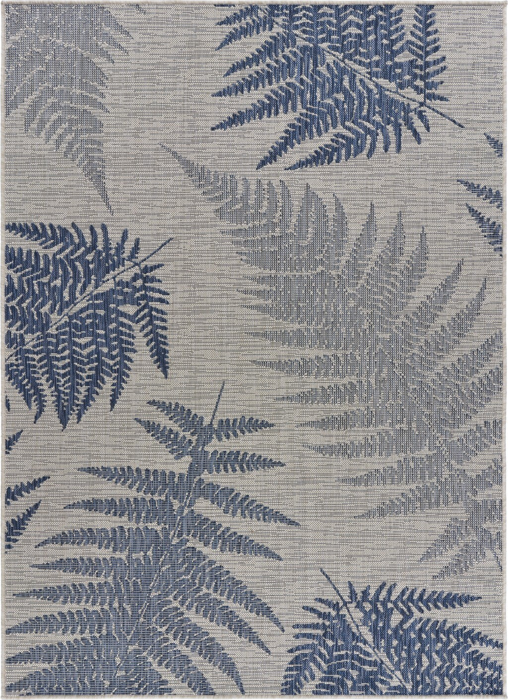 5' x 7' Navy Fern Leaves Indoor Outdoor Area Rug