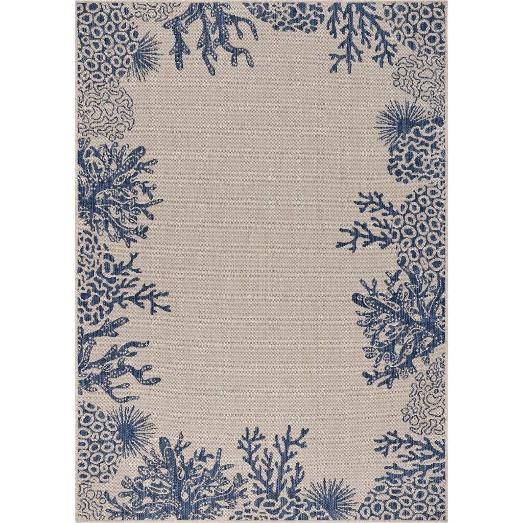 5' x 7' Navy Reef Border Indoor Outdoor Area Rug